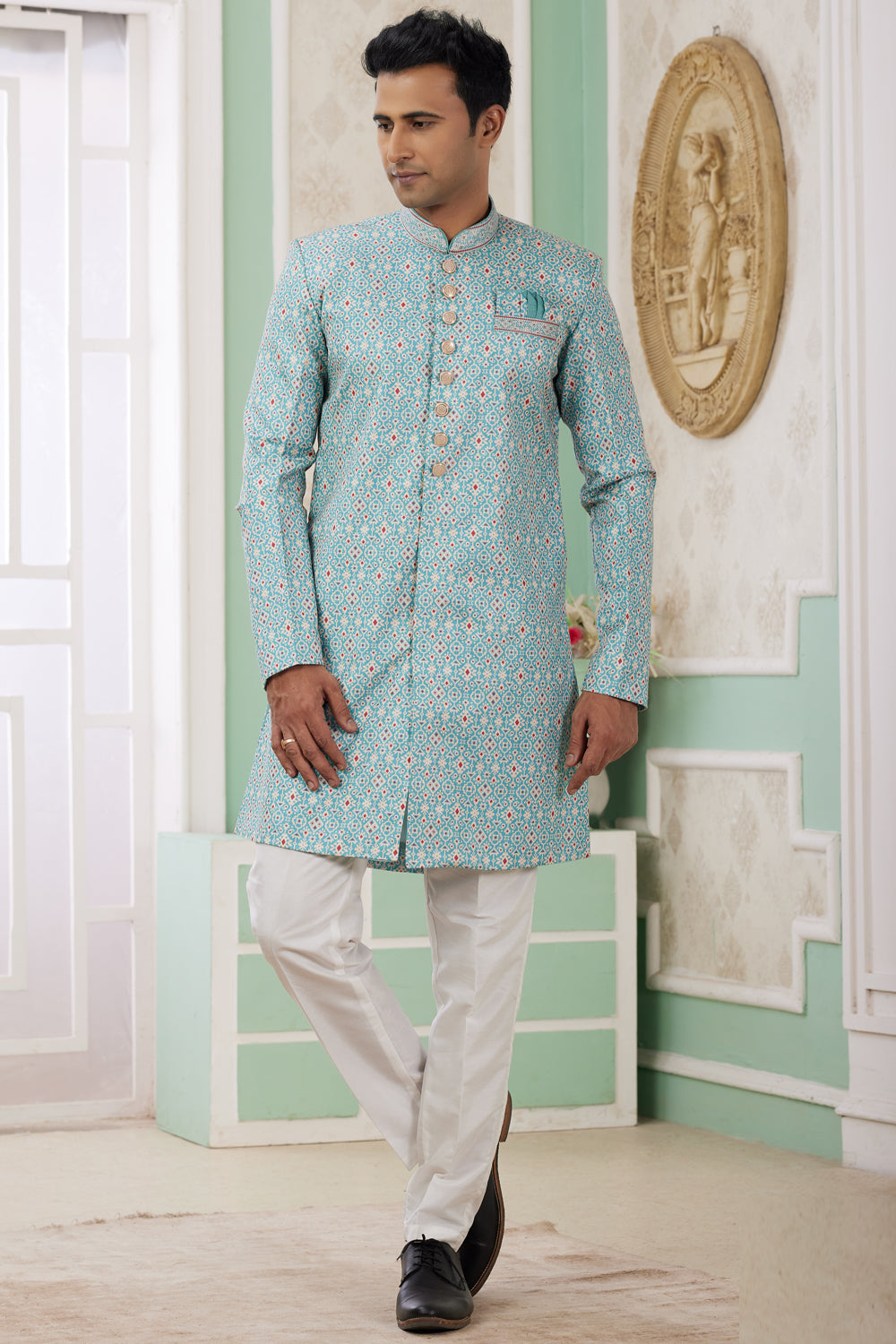 Blue Banarasi Jaquard Indo Western for Men (NMK-8593) - Nihal Fashions