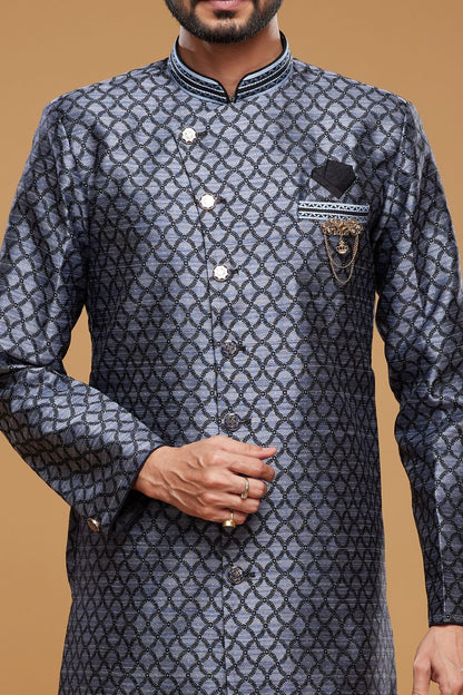 Blue Banarasi Jaquard Indo Western (NMK-7038) - Nihal Fashions