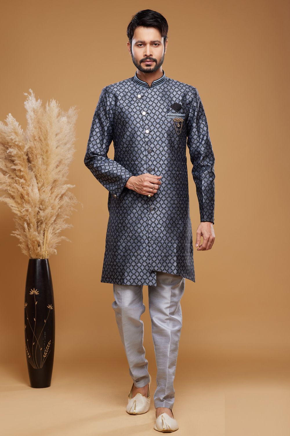 Blue Banarasi Jaquard Indo Western (NMK-7038) - Nihal Fashions