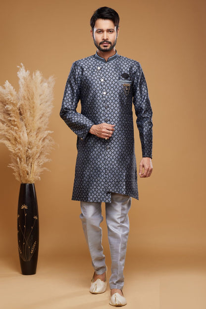 Blue Banarasi Jaquard Indo Western (NMK-7038) - Nihal Fashions