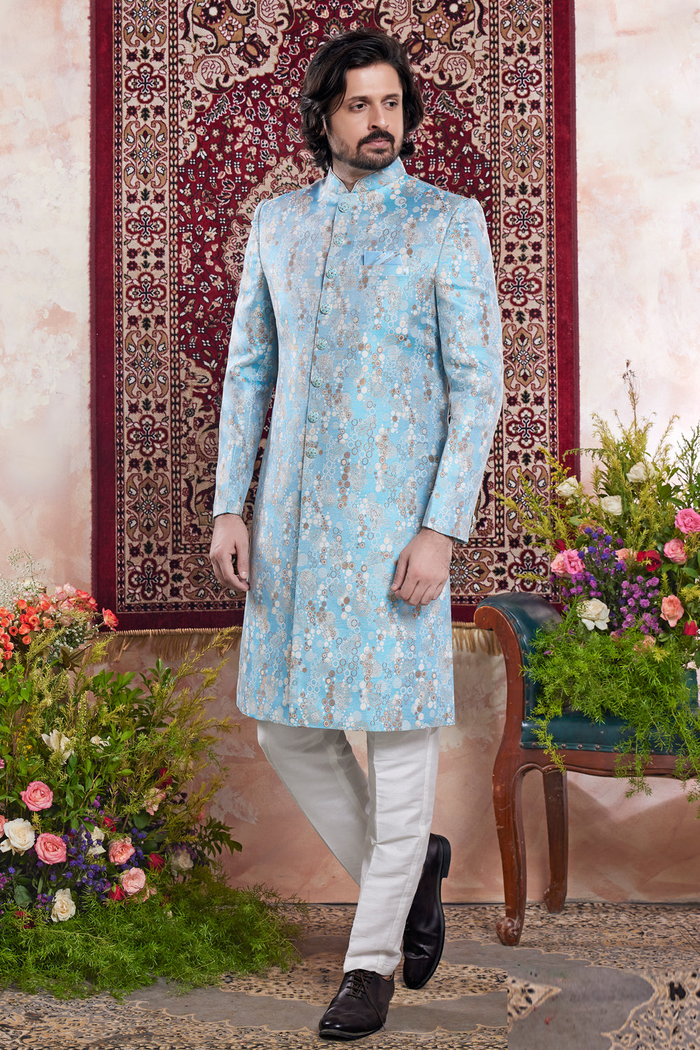 Blue Banarasi Jaquard Indo Western (NMK-8552) - Nihal Fashions
