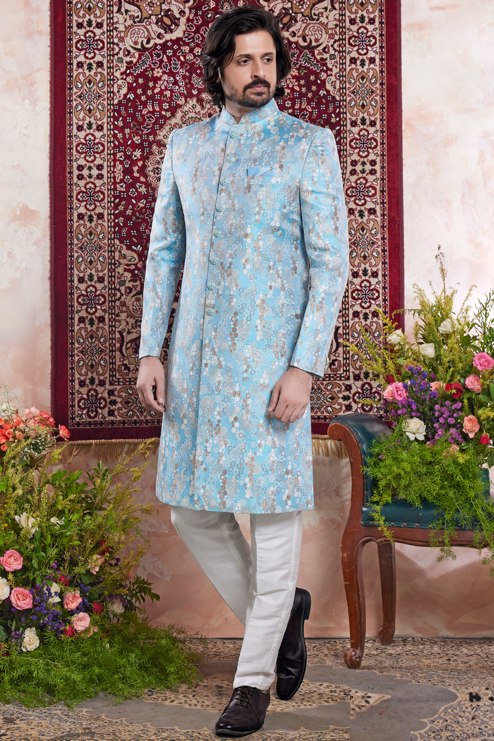 Blue Banarasi Jaquard Indo Western (NMK-8552) - Nihal Fashions