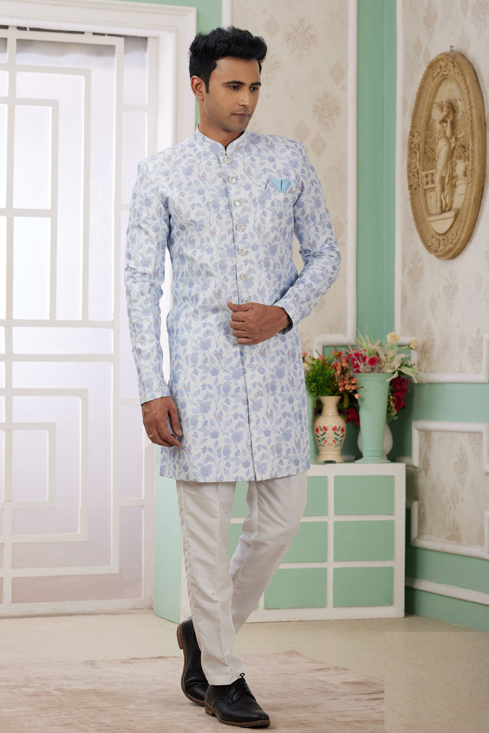 Blue Banarasi Jaquard Indo Western (NMK-8580) - Nihal Fashions
