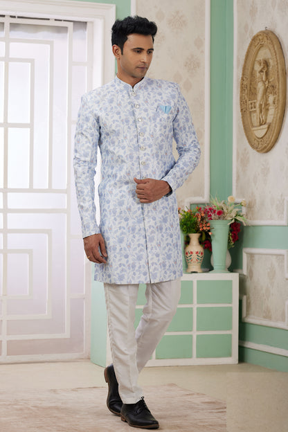 Blue Banarasi Jaquard Indo Western (NMK-8580) - Nihal Fashions