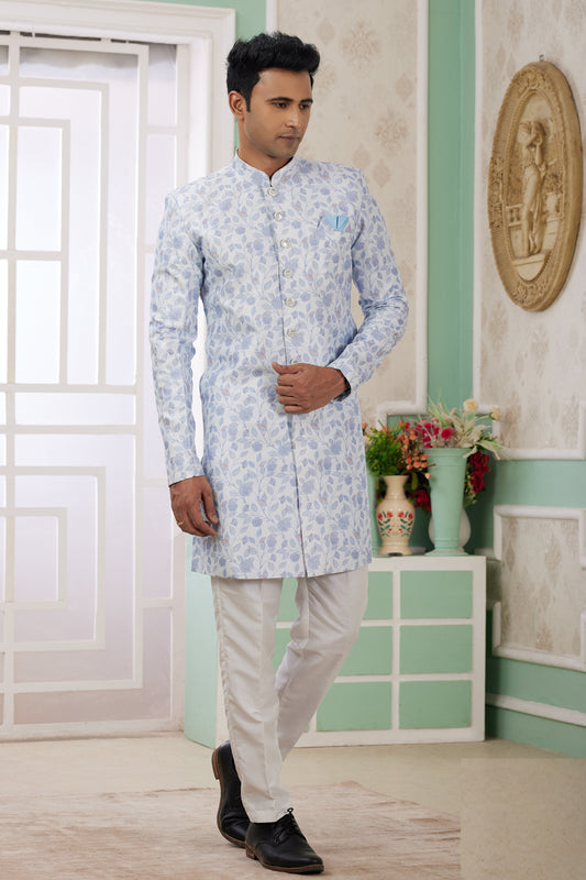 Blue Banarasi Jaquard Indo Western (NMK-8580) - Nihal Fashions