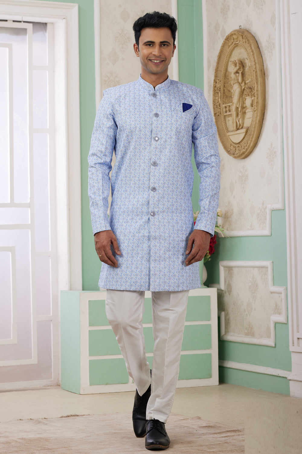 Blue Banarasi Jaquard Indo Western (NMK-8582) - Nihal Fashions