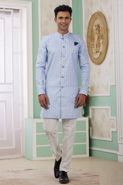 Blue Banarasi Jaquard Indo Western (NMK-8582) - Nihal Fashions