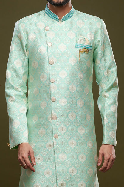 Blue Banarasi Jaquard Mens Indo Western (NMK-6993) - Nihal Fashions
