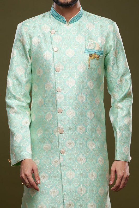 Blue Banarasi Jaquard Mens Indo Western (NMK-6993) - Nihal Fashions