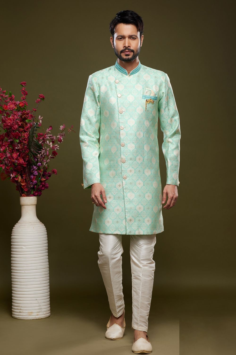 Blue Banarasi Jaquard Mens Indo Western (NMK-6993) - Nihal Fashions