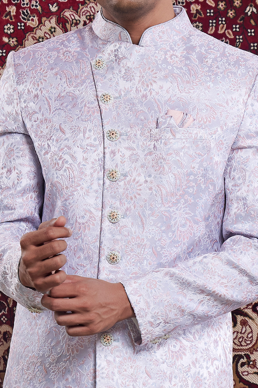 Blue Banarasi Jaquard Mens Indo Western (NMK-8556) - Nihal Fashions