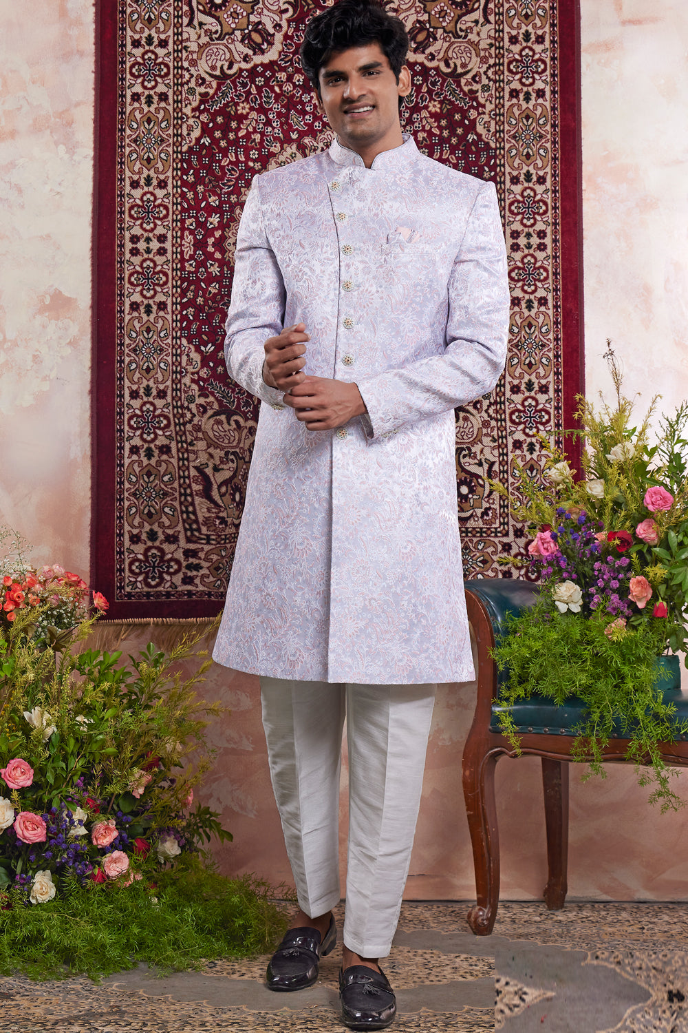 Blue Banarasi Jaquard Mens Indo Western (NMK-8556) - Nihal Fashions