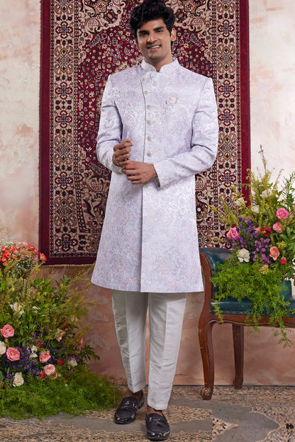 Blue Banarasi Jaquard Mens Indo Western (NMK-8556) - Nihal Fashions