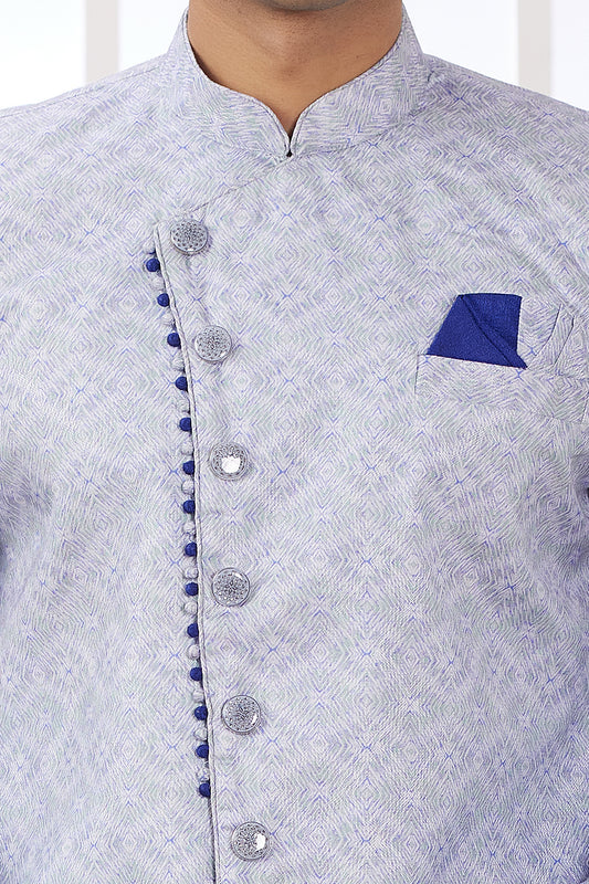 Blue Banarasi Jaquard Mens Indo Western (NMK-8592) - Nihal Fashions
