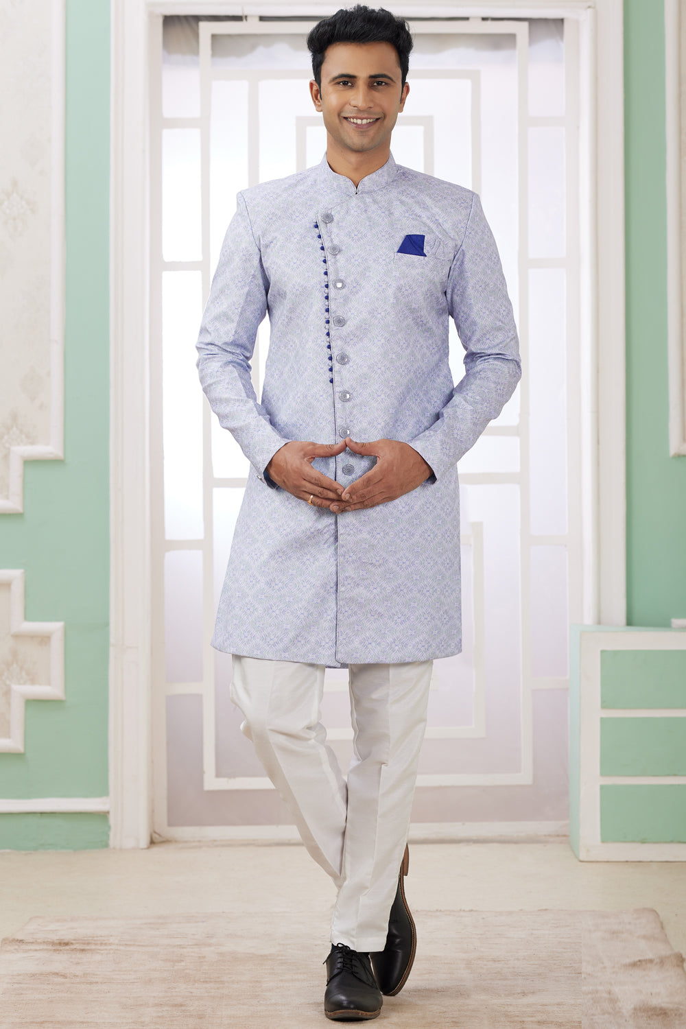 Blue Banarasi Jaquard Mens Indo Western (NMK-8592) - Nihal Fashions
