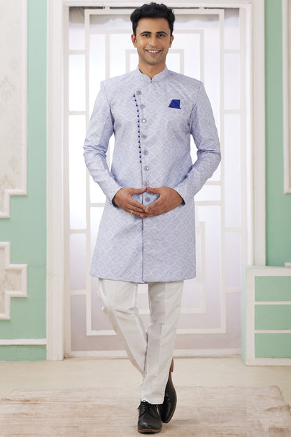 Blue Banarasi Jaquard Mens Indo Western (NMK-8592) - Nihal Fashions