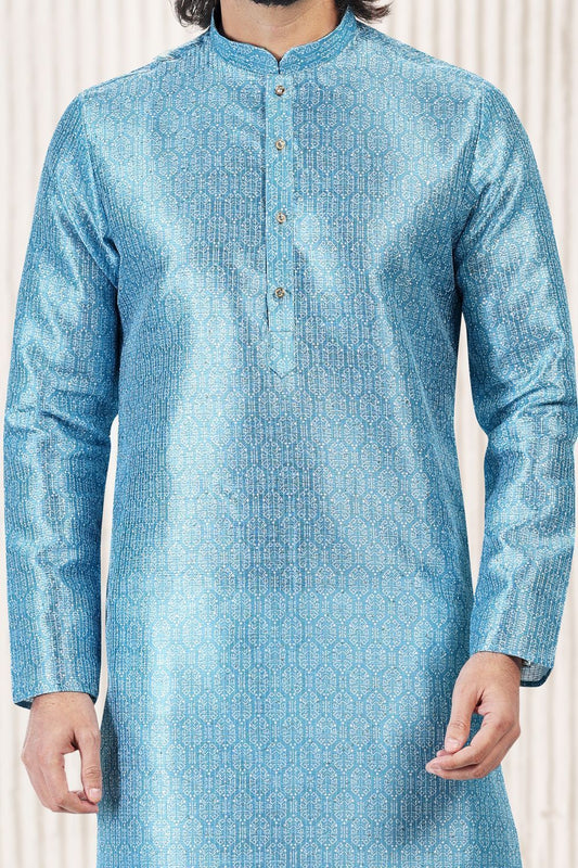 Blue Banarasi Silk Casual Mens Kurta (NMK-6727) - Nihal Fashions