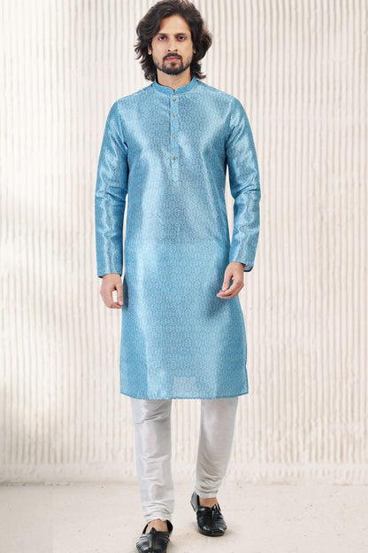 Blue Banarasi Silk Casual Mens Kurta (NMK-6727) - Nihal Fashions