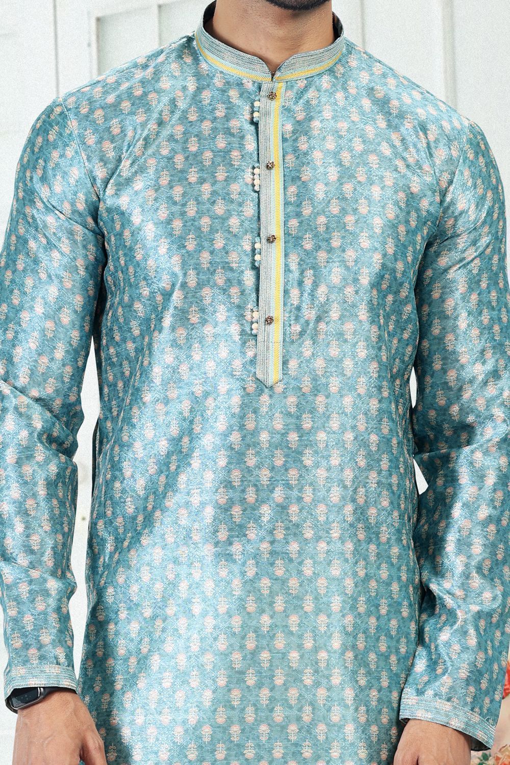 Blue Banarasi Silk Mens Kurta Pajama (NMK-6696) - Nihal Fashions