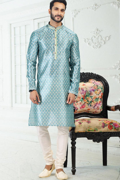 Blue Banarasi Silk Mens Kurta Pajama (NMK-6696) - Nihal Fashions