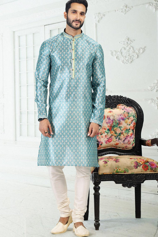 Blue Banarasi Silk Mens Kurta Pajama (NMK-6696) - Nihal Fashions