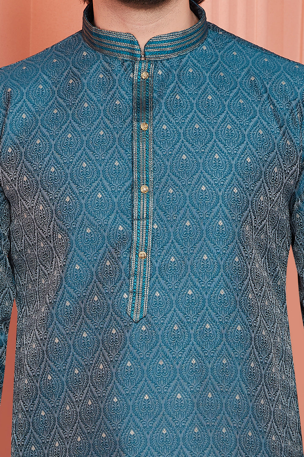 Blue Banarasi Silk Mens Kurta Pajama (NMK-8173) - Nihal Fashions