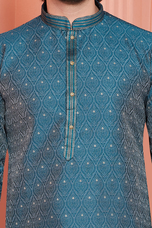 Blue Banarasi Silk Mens Kurta Pajama (NMK-8173) - Nihal Fashions