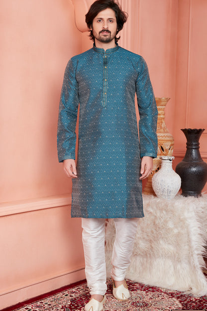 Blue Banarasi Silk Mens Kurta Pajama (NMK-8173) - Nihal Fashions