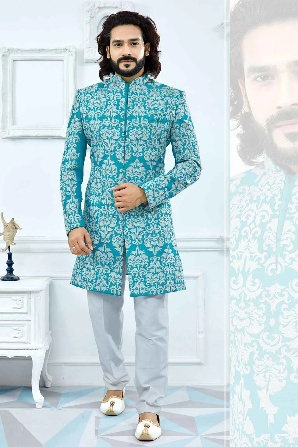 Blue Banglori Silk Sherwani (NMK-4112)