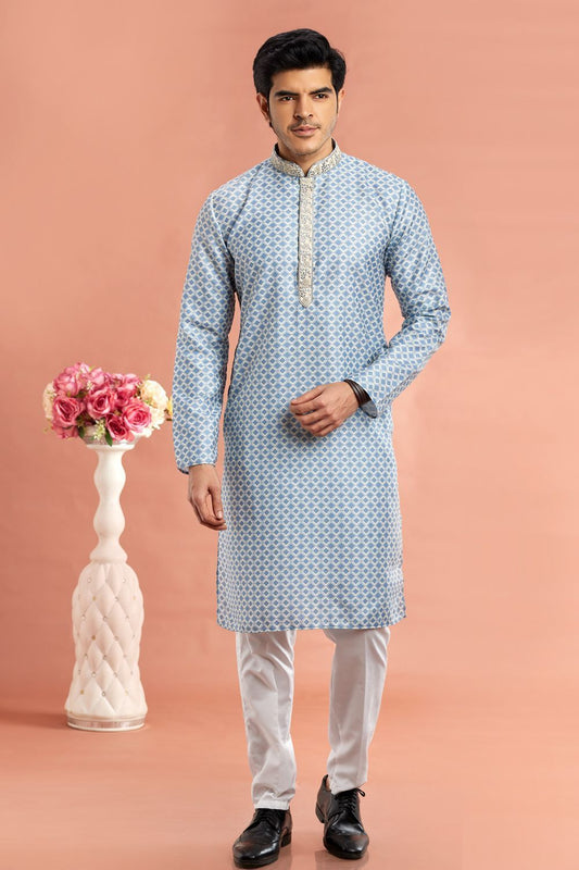 Blue Cotton Casual Kurta Pajama (NMK-7539) - Nihal Fashions