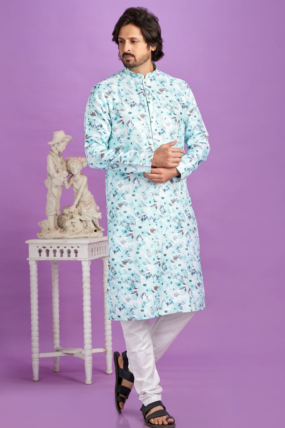 Blue Cotton Casual Kurta Pajama (NMK-7562) - Nihal Fashions