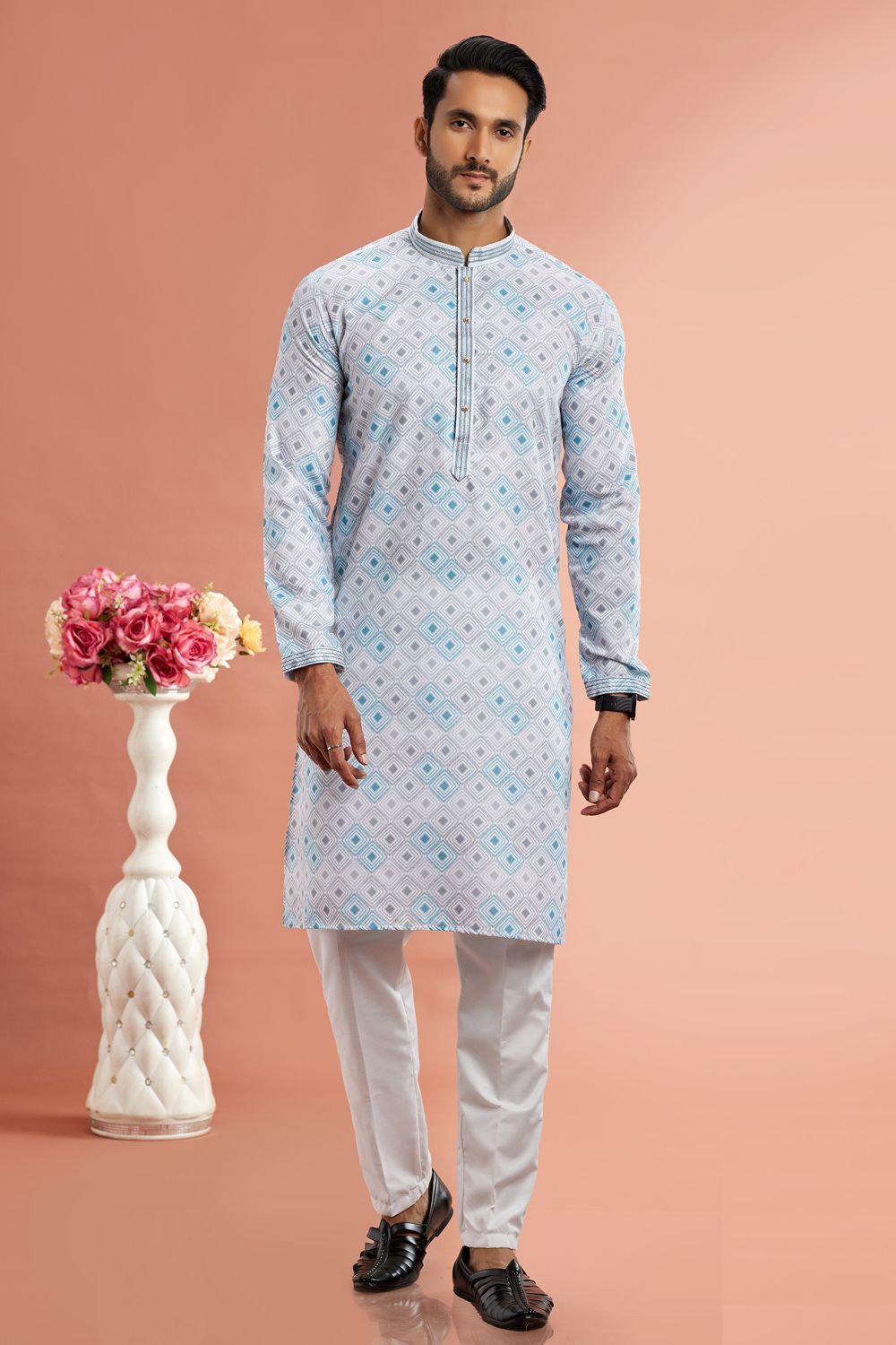 Blue Cotton Casual Kurtas for Men (NMK-7547) - Nihal Fashions