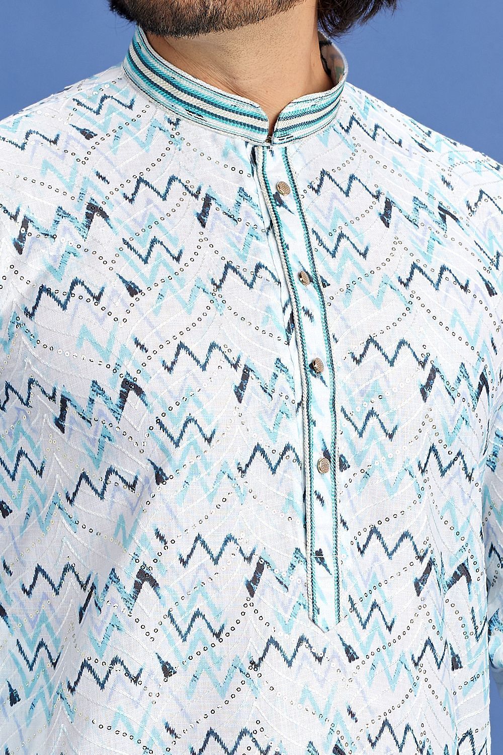 Blue Cotton Digital Printed Kurta Pajama (NMK-7520) - Nihal Fashions