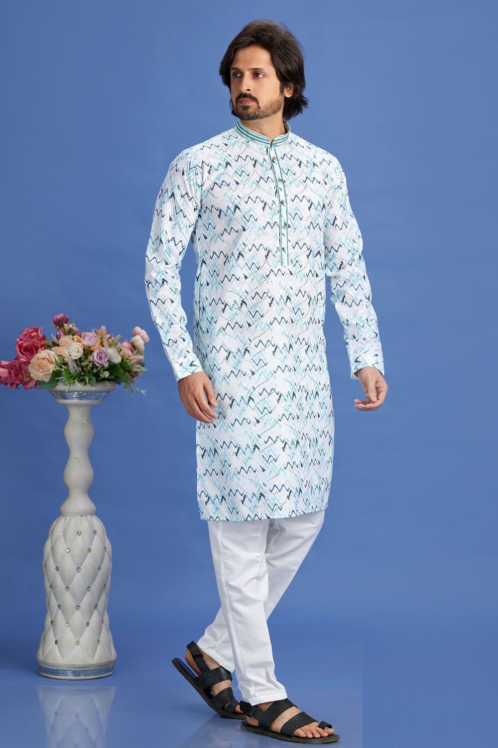 Blue Cotton Digital Printed Kurta Pajama (NMK-7520) - Nihal Fashions