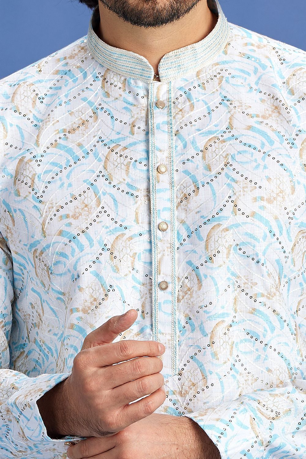 Blue Cotton Embroidered Kurta Pajama (NMK-7521) - Nihal Fashions