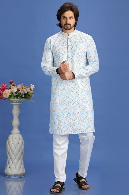 Blue Cotton Embroidered Kurta Pajama (NMK-7521) - Nihal Fashions