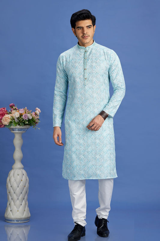 Blue Cotton Kurta Pajama (NMK-7529) - Nihal Fashions