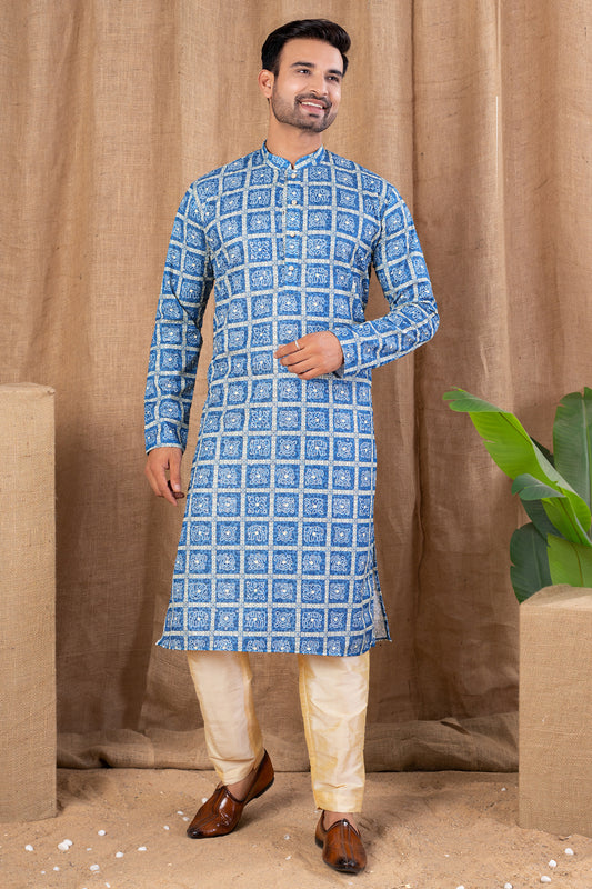 Blue Cotton Kurta Pajama (NMK-8520) - Nihal Fashions