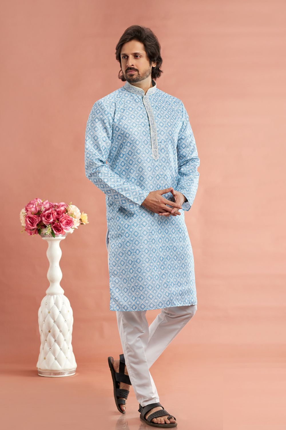 Blue Cotton Mens Kurta Pajama (NMK-7535) - Nihal Fashions
