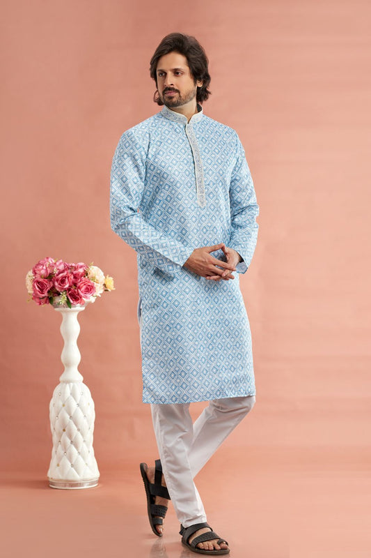 Blue Cotton Mens Kurta Pajama (NMK-7535) - Nihal Fashions