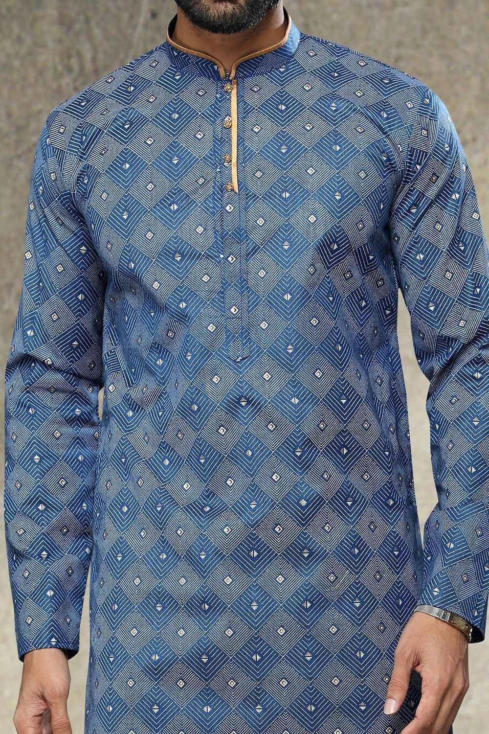Blue Cotton Mens Kurta Pyjama (NMK-6165)