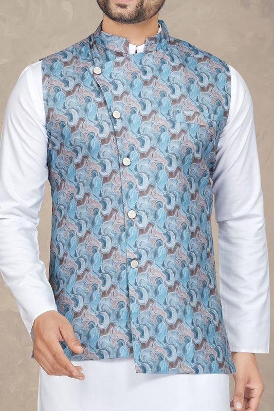 Blue Cotton Mens Nehru Jacket (NMK-6946) - Nihal Fashions