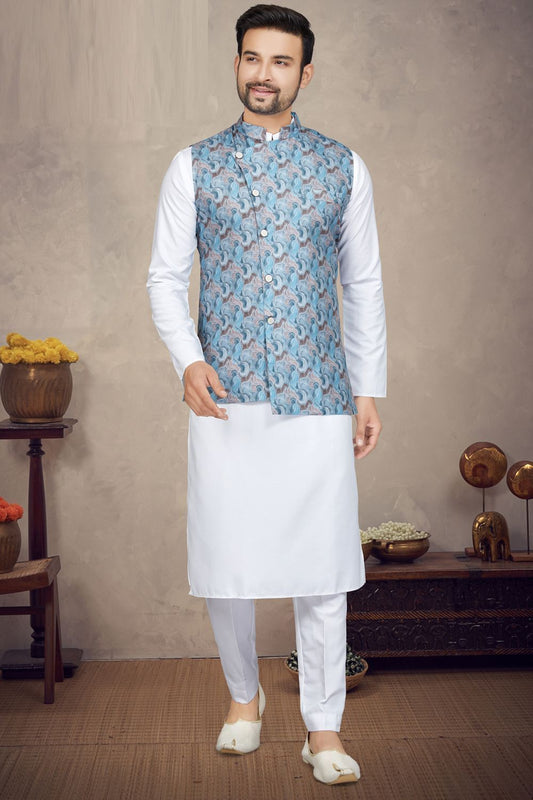 Blue Cotton Mens Nehru Jacket (NMK-6946) - Nihal Fashions