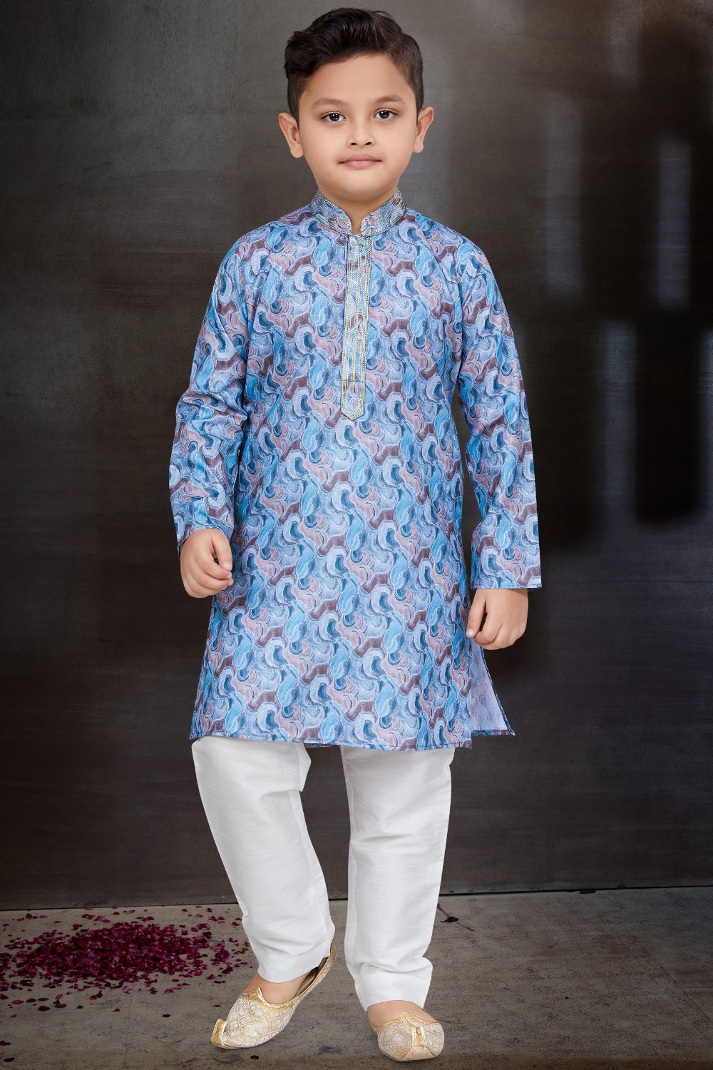 Blue Cotton Printed Boys Kurta Pajama (NKK-771) - Nihal Fashions