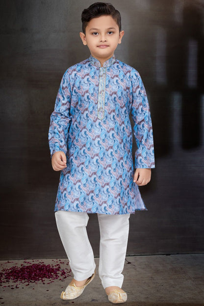 Blue Cotton Printed Boys Kurta Pajama (NKK-771) - Nihal Fashions