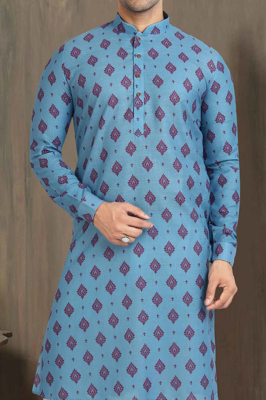 Blue Cotton Printed Kurta Pajama (NMK-5716)