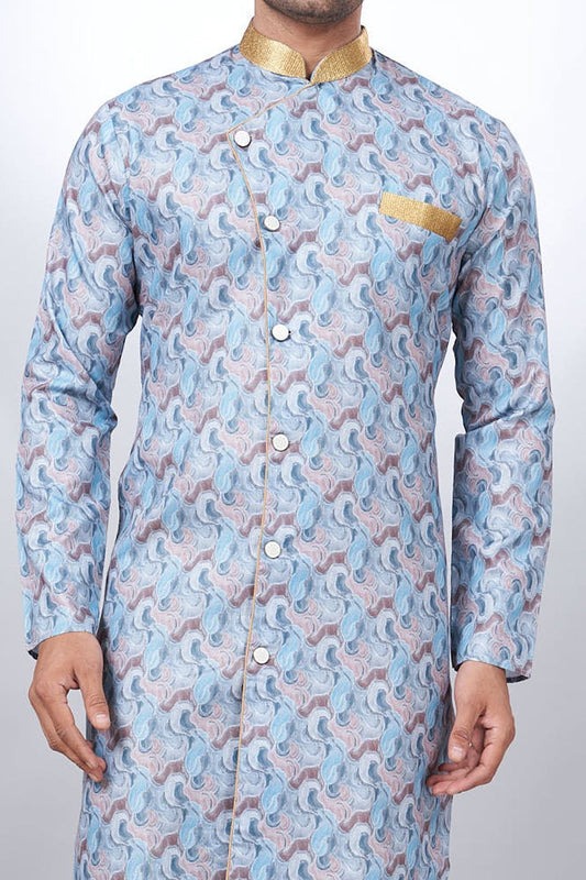 Blue Cotton Printed Mens Indo Western (NMK-6929) - Nihal Fashions
