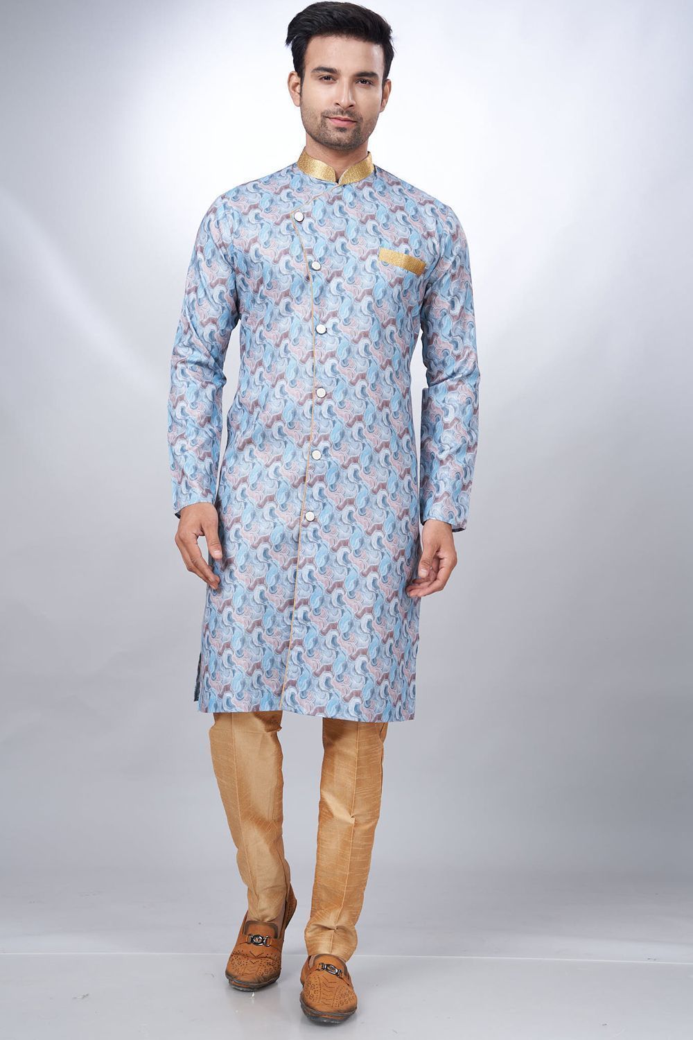 Blue Cotton Printed Mens Indo Western (NMK-6929) - Nihal Fashions