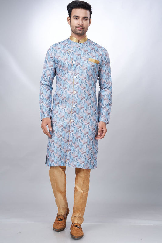 Blue Cotton Printed Mens Indo Western (NMK-6929) - Nihal Fashions
