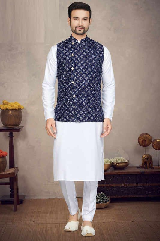 Blue Cotton Printed Mens Nehru Jacket (NMK-6948) - Nihal Fashions